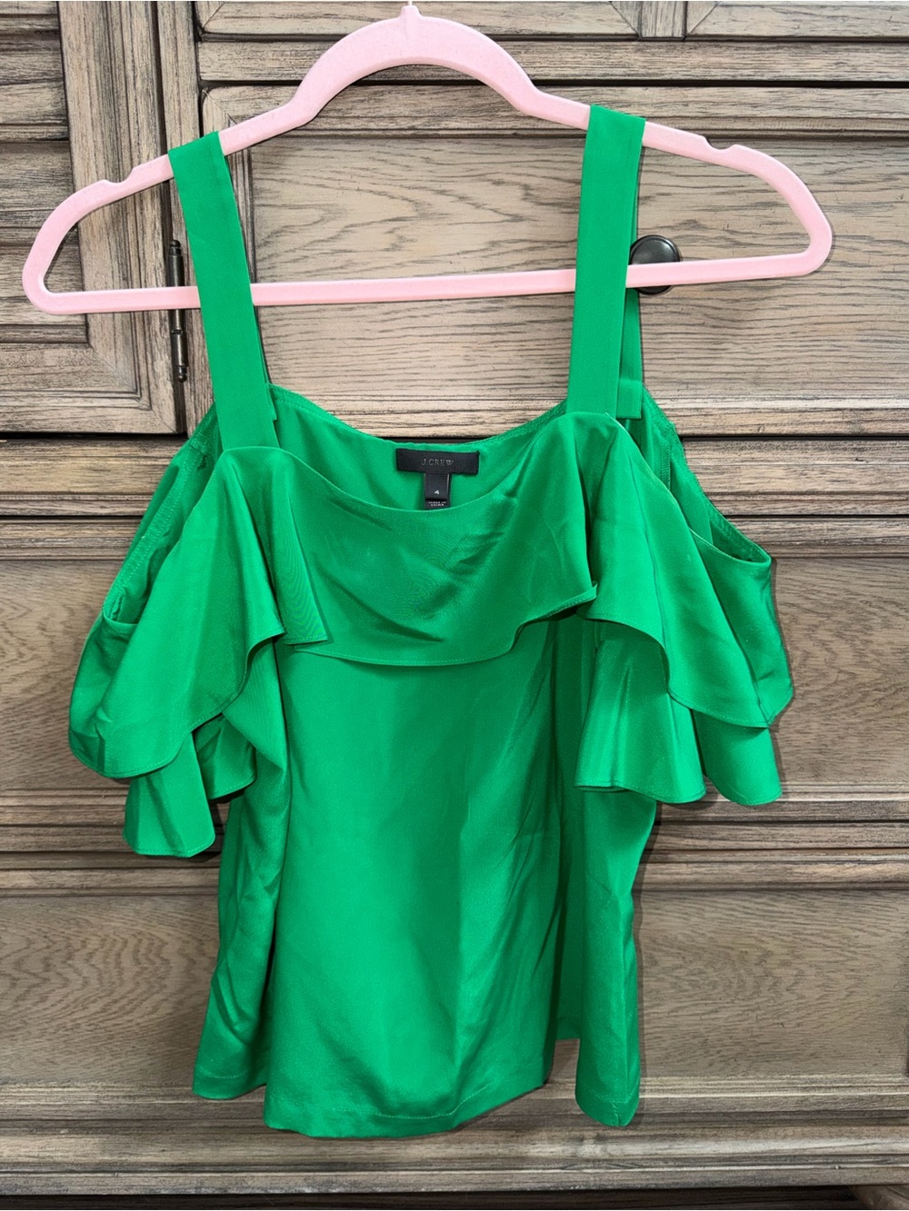 J. Crew 100% Silk Green Cold-Shoulder Ruffle Camisole